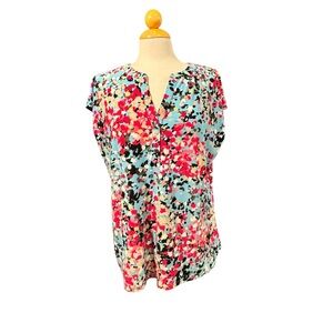 Anne Klein Pink & Light Blue Floral Cap Sleeve Blouse